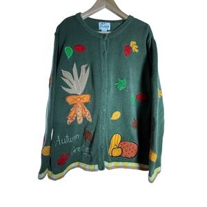 VTG Quacker Factory Autumn Cardigan Sweater Green Embroidered Fall Large